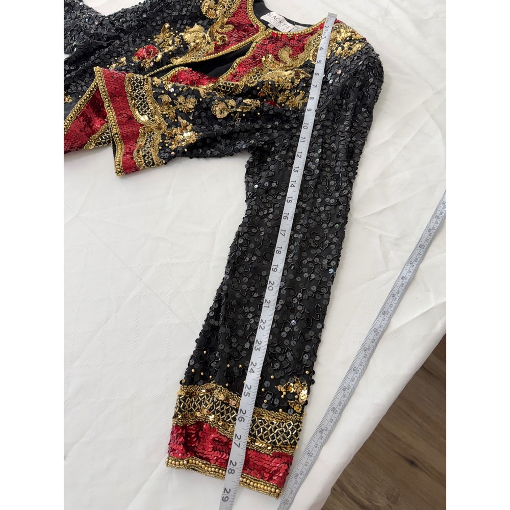 Vintage Oleg Cassini Black Tie Sequin Beaded Silk Blazer Jacket Black Gold Red - Picture 10 of 11